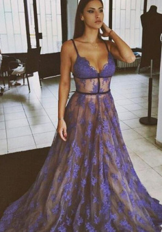 Spaghetti Straps Purple Lace Prom Dress