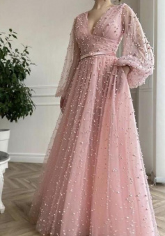 A line Pink tulle long evening dress