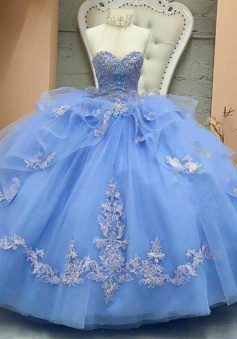 Vintage Ball Gown Lace Appliques Blue Quinceanera Dresses