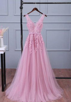 A Line v neck lace tulle long prom dress