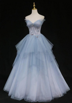 A Line Tulle Long Prom Dresses Formal Evening Dresses with Beading