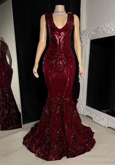 Mermaid burgundy sequin prom dresses