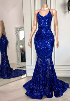 A Line Royal blue sparkly formal sequin prom dresses