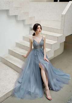 Spaghetti Straps Tulle Beading Prom Dress with Side Slit