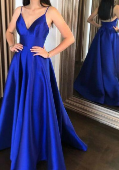 Spaghetti Straps Royal Blue V Neck Satin Prom Dress