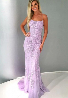 Spaghetti Strap A Line Tulle Prom Dress With Lace Appliques