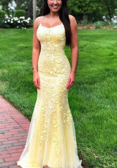 Spaghetti Strap Yellow Lace Appliqued Tulle Prom Dress