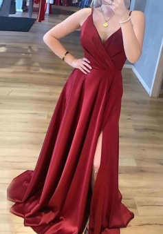 A Line V-neck Long Party Prom Dresses With Front Split