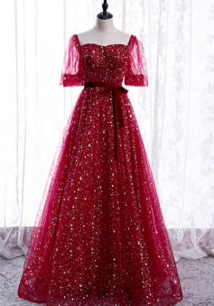 A line Burgundy tulle long prom dress