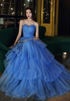 Beautiful A LIne Blue tulle long prom dress evening dress