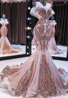 Elegant Rose gold long mermaid modest sparkly sequin evening dresses