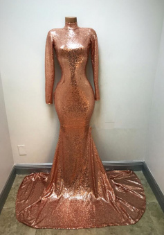 Sexy High Neck Rose Gold Sequin Prom Dress with Long Sleeves