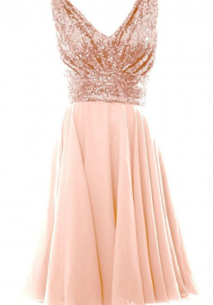 A Line Blush Pink V Neck Chiffon Short Bridesmaid Dress with Sequins