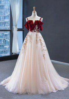 Charming Wine Red Top Velvet Long Tulle Prom Dress