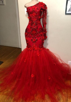 One Shoulder Mermaid Red Prom Dress