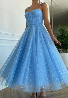 Beautiful blue tulle tea length prom dress