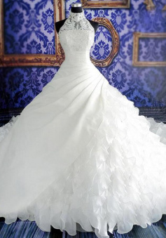 Charming Appliques Cascading Ruffles Pearls Halter Ball Gown Wedding Dress