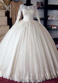 Floor Length Bateau Neck Long Sleeves Wedding Dresses With Lace
