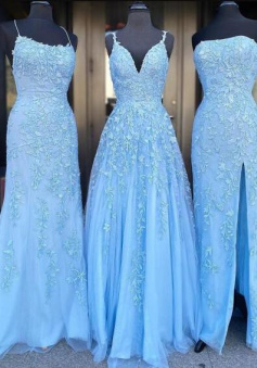 Vintage Blue Tulle Lace Long Prom Dress