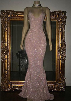 Spaghetti Strap Rose Pink Sequin Prom Dress