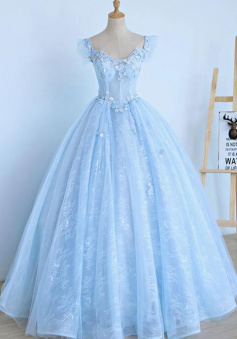 A Line Light Blue Cap Sleeve Long Sweet 16 Prom Dress