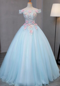 Princess Off shoulder long sky blue tulle formal prom dress