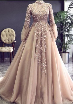 Vintage champagne high neck prom dress