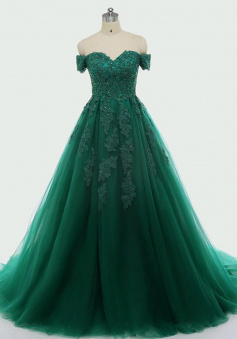 A Line Dark Green Lace Appliques Ball Gown Quinceanera Dresses