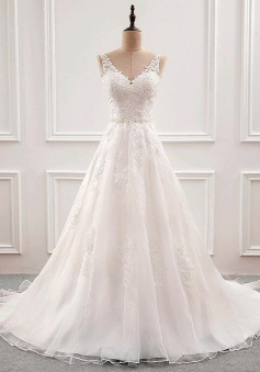 Elegent V-neck Neckline A-Line Mermaid Wedding Dress With Lace Appliques