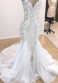 Luxury Elegant Mermaid V-neck Sleeveless Wedding Dress
