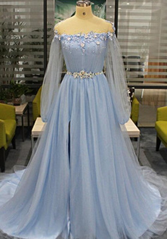 Mermaid Baby Blue Tulle Long Beaded Prom Dress With Sleeves