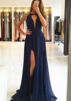 A Line Navy Blue Split Long Chiffon Prom Dresses With Lace