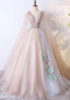 Vintage Tulle V neck Long Prom Dress