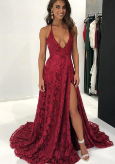 Mermaid Burgundy Lace V Neck Long Prom Dress With Front Slit