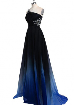 A Line Sweep Train One Shoulder Chiffon Prom Dress With Beading