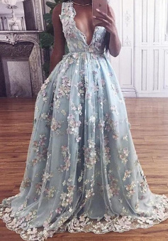 A Line Floral Lace Deep V-neck Prom Dress