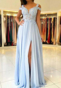 A Line Light Blue Chiffon Split Long Prom Dresses
