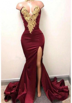 Mermaid Burgundy High Neck Split Sexy Prom Dress