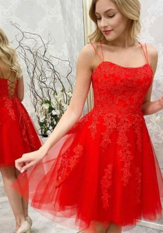Cute Red Lace Applique Tulle Homecoming Dress