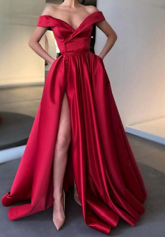 Off the Shoulder Burgundy Satin Long Prom Evening Dresses