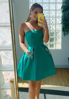 Strapless Cute Green Short Prom Dresses with Pocket