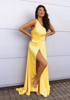 One Shoulder Yellow Satin Long Prom Dresses with High Slit