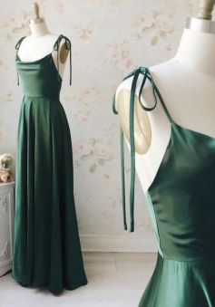 Simple green satin long prom dress