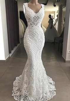 Mermaid white lace long prom dress
