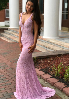 Mermaid Elegant V-Neck Pink Lace Prom Dress