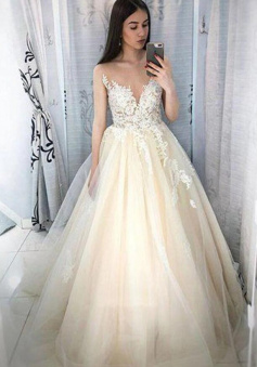 Charming Ball Gown Lace Appliques Long Prom Dresses
