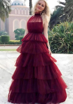 High Neck Burgundy Tulle Tiered Long Prom Dresses