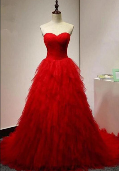 Sweetheart A Line Red Ruffles Long Prom Dress