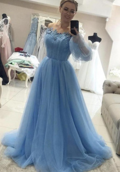 A line Blue tulle long prom dress with long sleeves