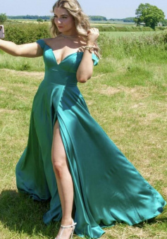 A line Green satin long prom dress